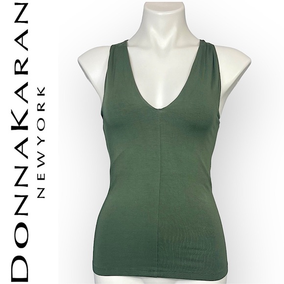 Donna Karan Sleeveless V-Neck Top Olive Army Green Double Layered Strtch Rayon S - Picture 2 of 13